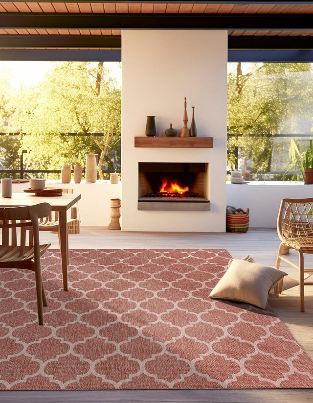 Rust Red 10' 8 x 10' 8 Outdoor Trellis Square Area Rug Weather Resistant for Patio, Deck, Terrace, Balcony, Porch Geometric Design Water Safe Outside Carpet for Sale at Rug Engine