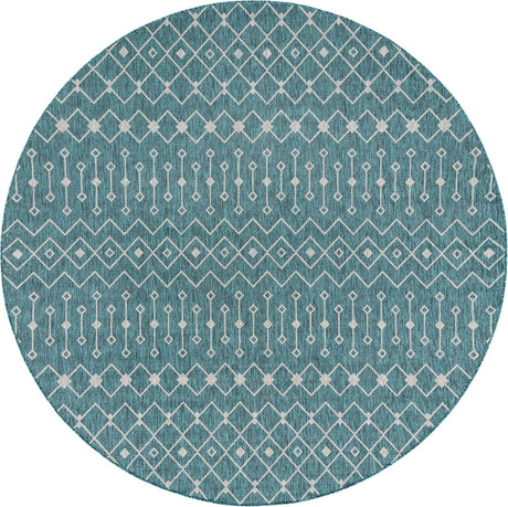 Teal 10' 8 x 10' 8 Outdoor Trellis Round Area Rug Weather Resistant for Patio, Deck, Terrace, Balcony, Porch Geometric Design Water Safe Outside Carpet for Sale at Rug Engine