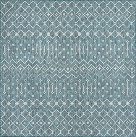 Teal 10' 8 x 10' 8 Outdoor Trellis Square Area Rug Weather Resistant for Patio, Deck, Terrace, Balcony, Porch Geometric Design Water Safe Outside Carpet for Sale at Rug Engine