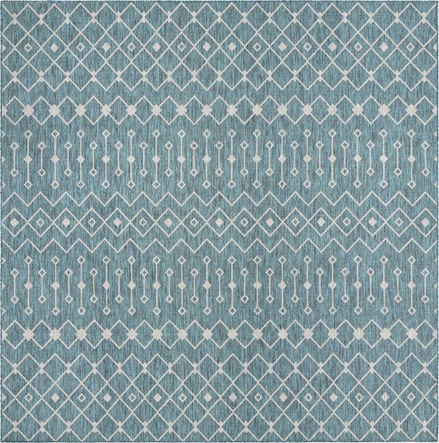 Teal 10' 8 x 10' 8 Outdoor Trellis Square Area Rug Weather Resistant for Patio, Deck, Terrace, Balcony, Porch Geometric Design Water Safe Outside Carpet for Sale at Rug Engine