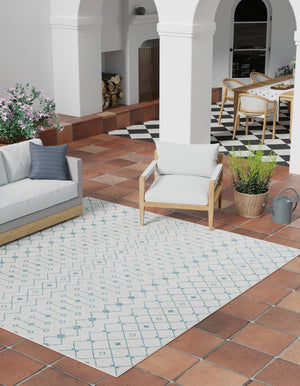 Light Blue 13' x 13' Outdoor Trellis Square Area Rug Weather Resistant for Patio, Deck, Terrace, Balcony, Porch Geometric Design Water Safe Outside Carpet for Sale at Rug Engine
