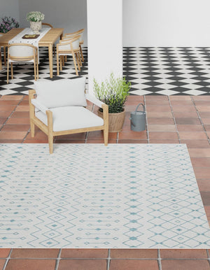 Light Blue 13' x 13' Outdoor Trellis Square Area Rug Weather Resistant for Patio, Deck, Terrace, Balcony, Porch Geometric Design Water Safe Outside Carpet for Sale at Rug Engine