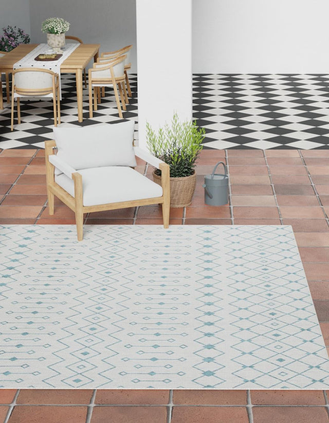 Light Blue 13' x 13' Outdoor Trellis Square Area Rug Weather Resistant for Patio, Deck, Terrace, Balcony, Porch Geometric Design Water Safe Outside Carpet for Sale at Rug Engine
