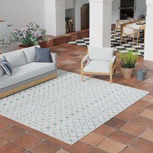 Light Blue 10' 8 x 10' 8 Outdoor Trellis Square Area Rug Weather Resistant for Patio, Deck, Terrace, Balcony, Porch Geometric Design Water Safe Outside Carpet for Sale at Rug Engine