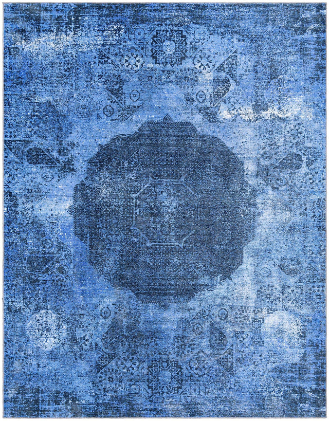 Washable Overdyed Blue 7' 10 x 10' Yara Rectangle Area Rug Easy to Clean Stain Resistant & Durable Polyester & Chenille Carpet for Sale at Rug Engine