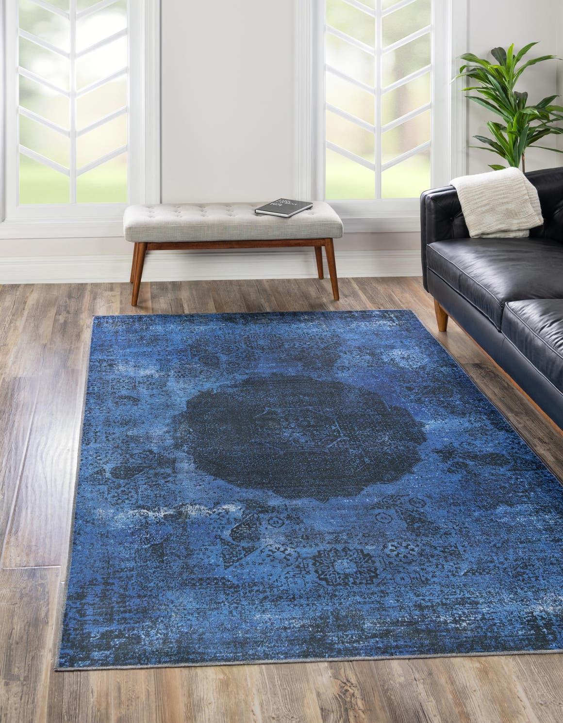 Washable Overdyed Blue 4' x 6' Yara Rectangle Area Rug Easy to Clean Stain Resistant & Durable Polyester & Chenille Carpet for Sale at Rug Engine
