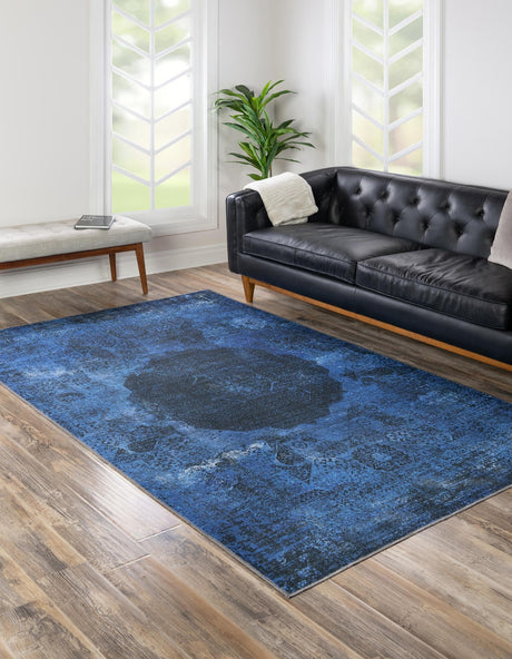 Washable Overdyed Blue 4' x 6' Yara Rectangle Area Rug Easy to Clean Stain Resistant & Durable Polyester & Chenille Carpet for Sale at Rug Engine