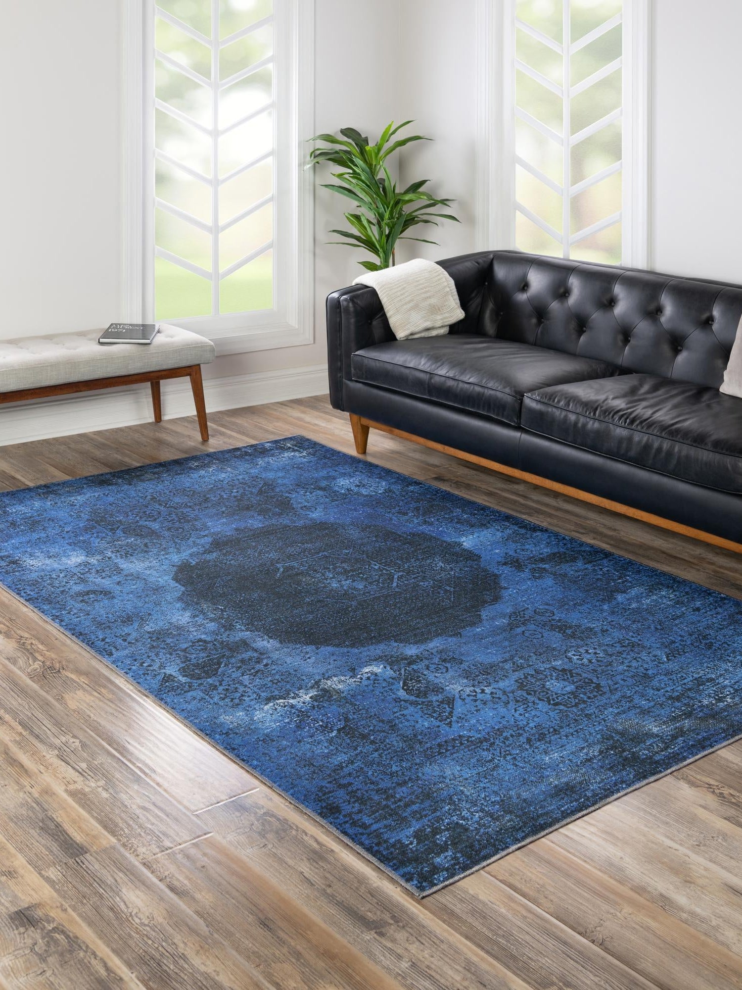 Washable Overdyed Blue 6' x 9' Yara Rectangle Area Rug Easy to Clean Stain Resistant & Durable Polyester & Chenille Carpet for Sale at Rug Engine