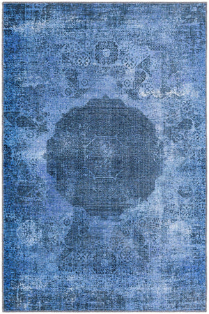 Washable Overdyed Blue 4' x 6' Yara Rectangle Area Rug Easy to Clean Stain Resistant & Durable Polyester & Chenille Carpet for Sale at Rug Engine
