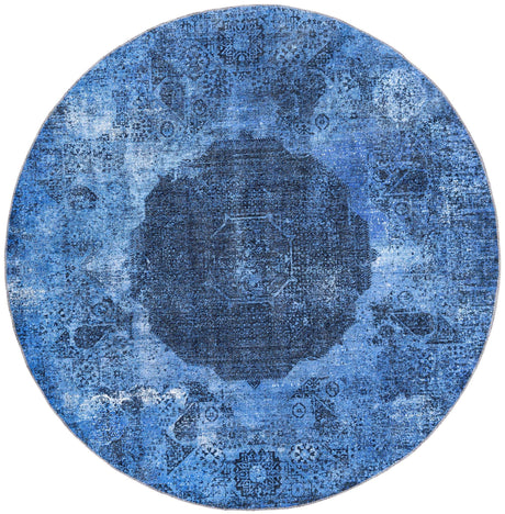 Washable Overdyed Blue 7' 10 x 7' 10 Yara Round Area Rug Easy to Clean Stain Resistant & Durable Polyester & Chenille Carpet for Sale at Rug Engine