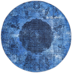 Washable Overdyed Blue 6' x 6' Yara Round Area Rug Easy to Clean Stain Resistant & Durable Polyester & Chenille Carpet for Sale at Rug Engine