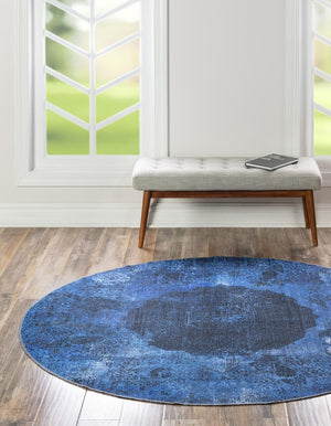 Washable Overdyed Blue 7' 10 x 7' 10 Yara Round Area Rug Easy to Clean Stain Resistant & Durable Polyester & Chenille Carpet for Sale at Rug Engine