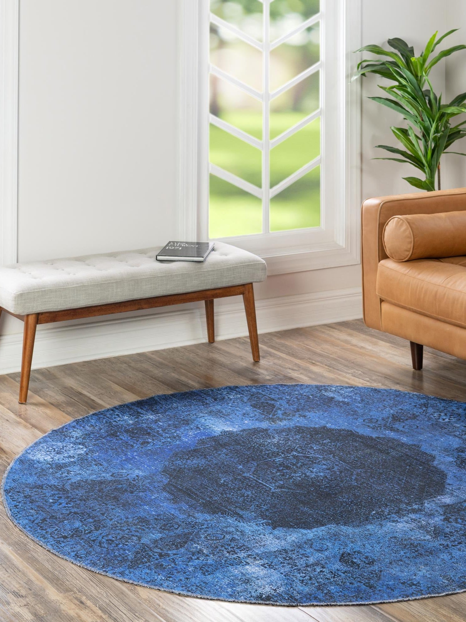 Washable Overdyed Blue 6' x 6' Yara Round Area Rug Easy to Clean Stain Resistant & Durable Polyester & Chenille Carpet for Sale at Rug Engine