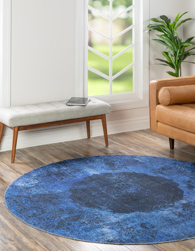 Washable Overdyed Blue 7' 10 x 7' 10 Yara Round Area Rug Easy to Clean Stain Resistant & Durable Polyester & Chenille Carpet for Sale at Rug Engine