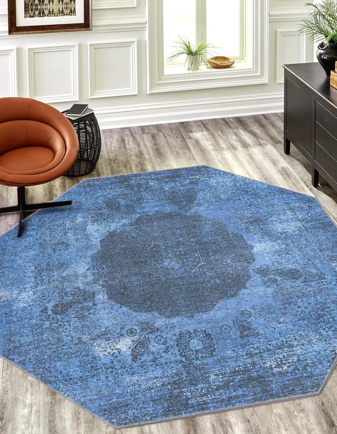 Washable Overdyed Blue 5' x 5' Yara Octagon Area Rug Easy to Clean Stain Resistant & Durable Polyester & Chenille Carpet for Sale at Rug Engine