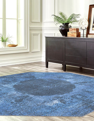 Washable Overdyed Blue 7' 10 x 7' 10 Yara Octagon Area Rug Easy to Clean Stain Resistant & Durable Polyester & Chenille Carpet for Sale at Rug Engine