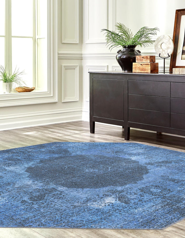 Washable Overdyed Blue 7' 10 x 7' 10 Yara Octagon Area Rug Easy to Clean Stain Resistant & Durable Polyester & Chenille Carpet for Sale at Rug Engine