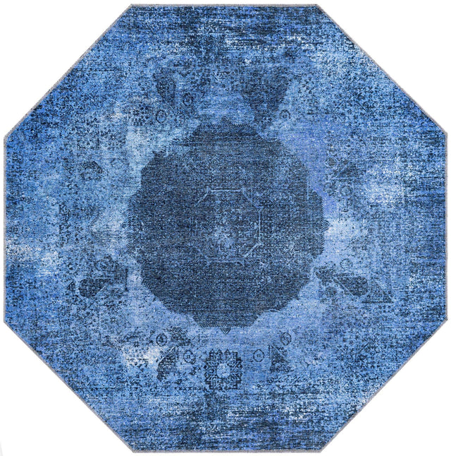 Washable Overdyed Blue 5' x 5' Yara Octagon Area Rug Easy to Clean Stain Resistant & Durable Polyester & Chenille Carpet for Sale at Rug Engine