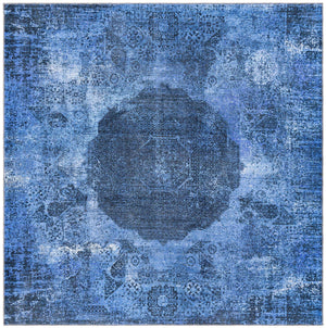 Washable Overdyed Blue 7' 10 x 7' 10 Yara Square Area Rug Easy to Clean Stain Resistant & Durable Polyester & Chenille Carpet for Sale at Rug Engine