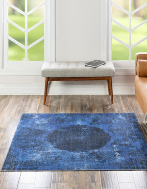 Washable Overdyed Blue 5' x 5' Yara Square Area Rug Easy to Clean Stain Resistant & Durable Polyester & Chenille Carpet for Sale at Rug Engine