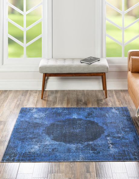 Washable Overdyed Blue 7' 10 x 7' 10 Yara Square Area Rug Easy to Clean Stain Resistant & Durable Polyester & Chenille Carpet for Sale at Rug Engine