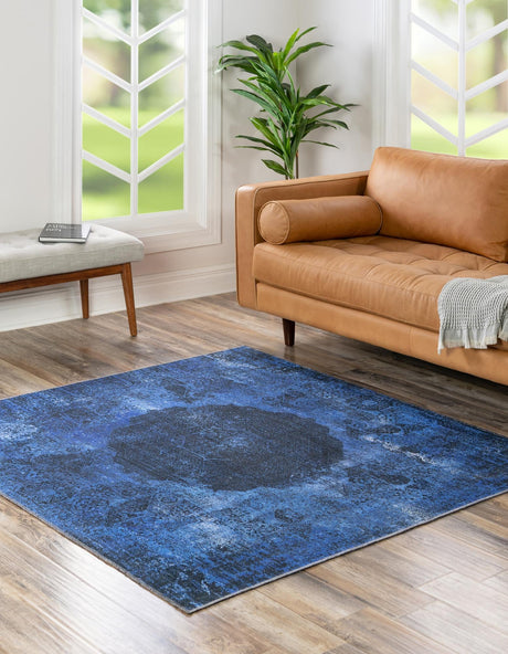 Washable Overdyed Blue 7' 10 x 7' 10 Yara Square Area Rug Easy to Clean Stain Resistant & Durable Polyester & Chenille Carpet for Sale at Rug Engine