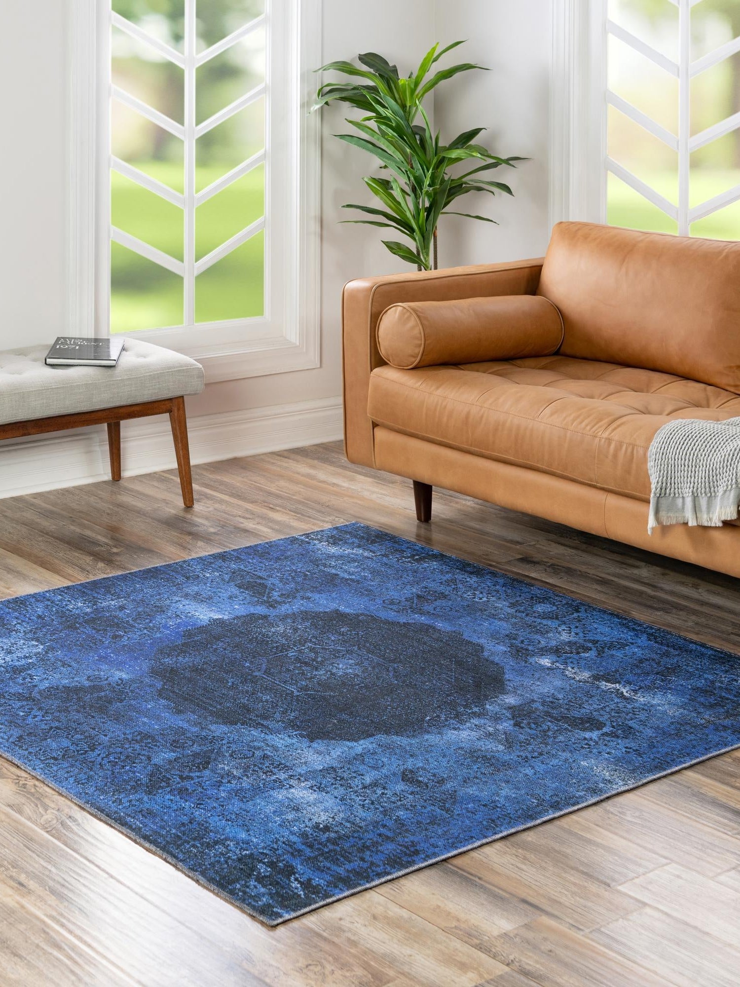 Washable Overdyed Blue 5' x 5' Yara Square Area Rug Easy to Clean Stain Resistant & Durable Polyester & Chenille Carpet for Sale at Rug Engine
