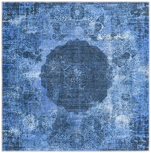 Washable Overdyed Blue 5' x 5' Yara Square Area Rug Easy to Clean Stain Resistant & Durable Polyester & Chenille Carpet for Sale at Rug Engine