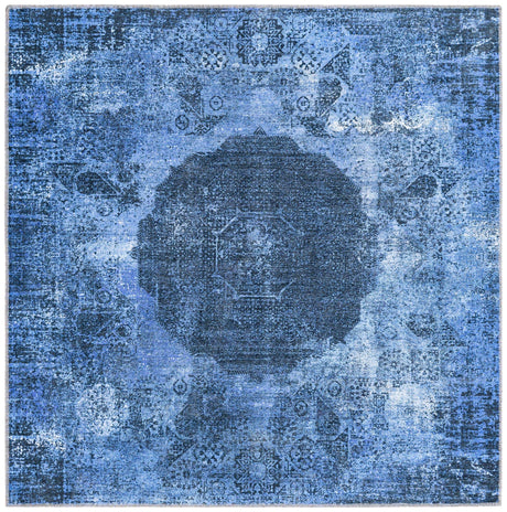 Washable Overdyed Blue 5' x 5' Yara Square Area Rug Easy to Clean Stain Resistant & Durable Polyester & Chenille Carpet for Sale at Rug Engine