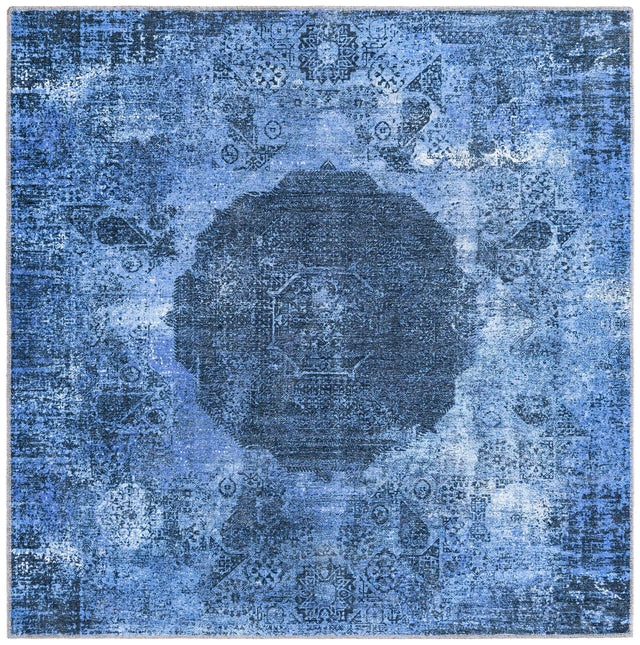 Washable Overdyed Blue 5' x 5' Yara Square Area Rug Easy to Clean Stain Resistant & Durable Polyester & Chenille Carpet for Sale at Rug Engine