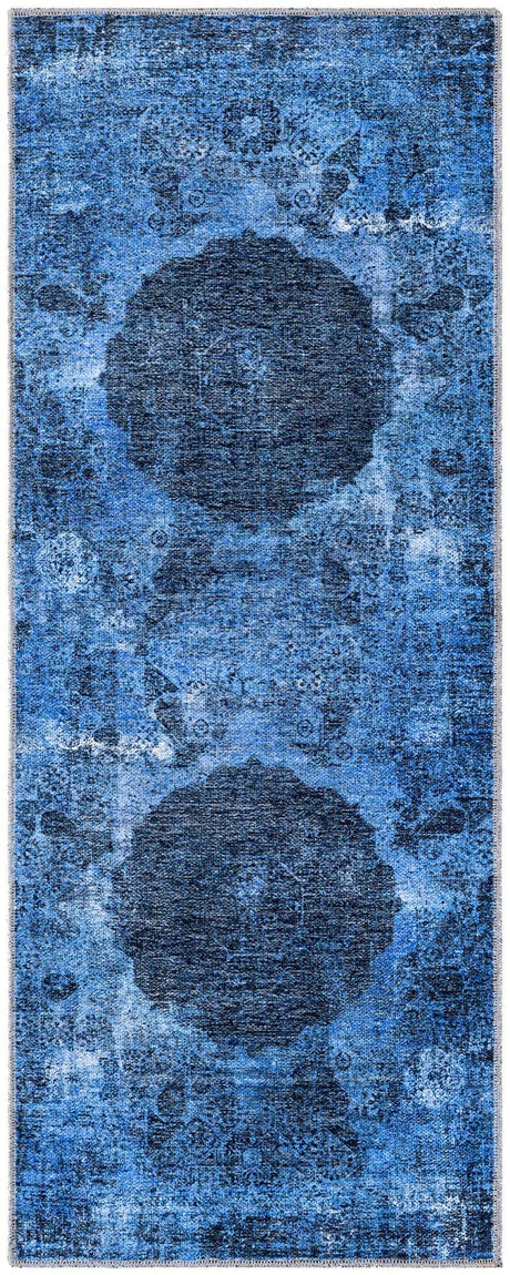 Washable Overdyed Blue 2' x 5' Yara Runner Area Rug Easy to Clean Stain Resistant & Durable