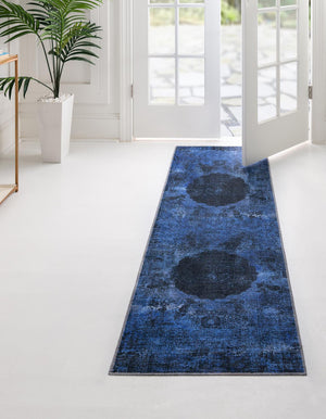 Washable Overdyed Blue 2' x 6' Yara Runner Area Rug Easy to Clean Stain Resistant & Durable Polyester & Chenille Carpet for Sale at Rug Engine