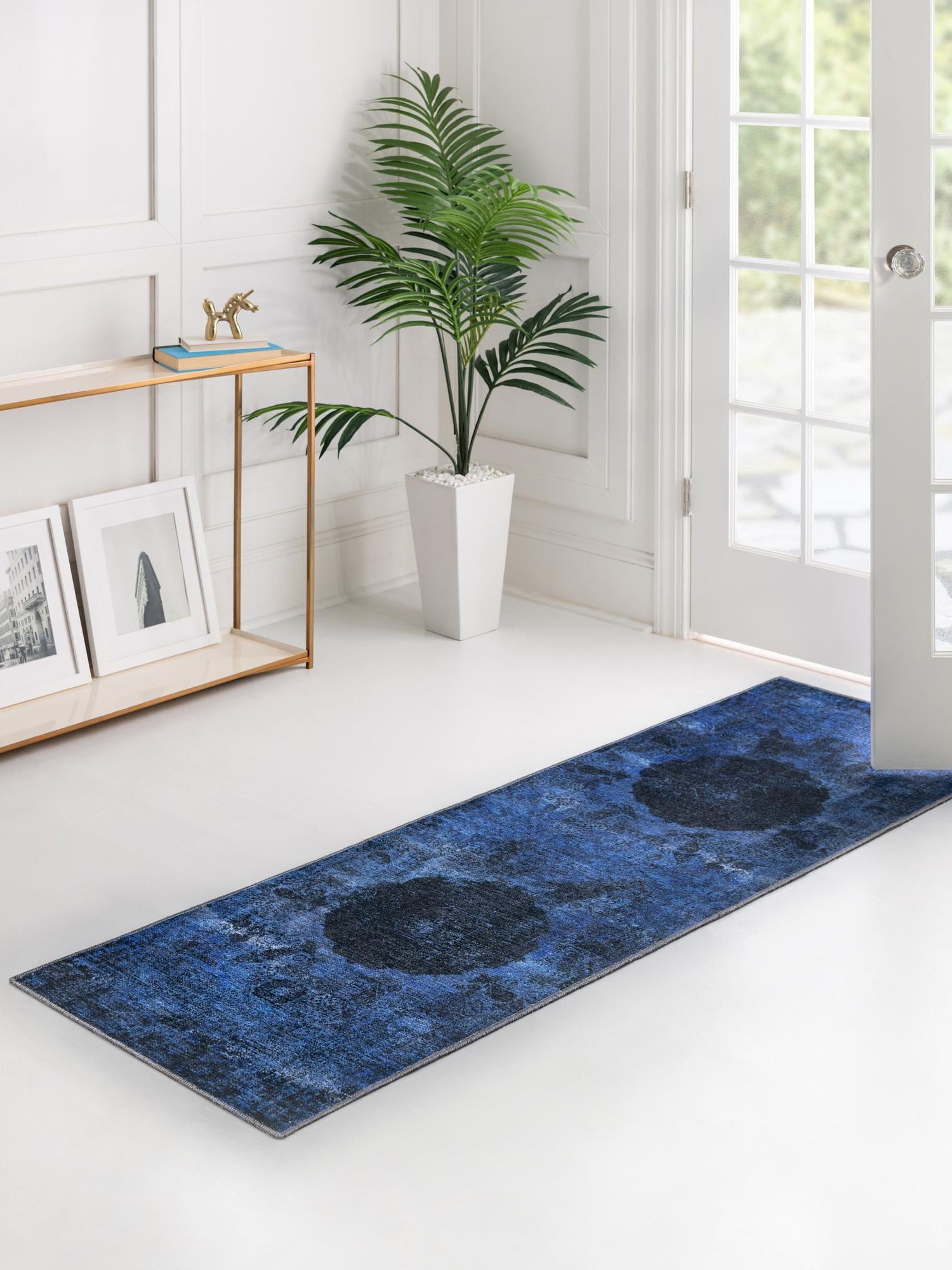 Washable Overdyed Blue 2' x 6' Yara Runner Area Rug Easy to Clean Stain Resistant & Durable Polyester & Chenille Carpet for Sale at Rug Engine