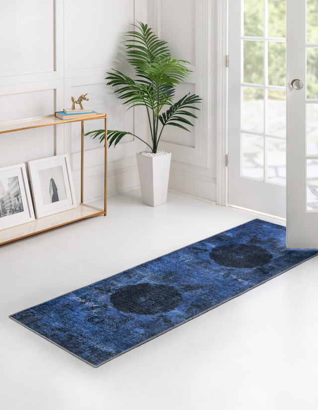Washable Overdyed Blue 2' 7 x 10' Yara Runner Area Rug Easy to Clean Stain Resistant & Durable Polyester & Chenille Carpet for Sale at Rug Engine