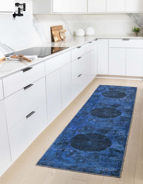 Washable Overdyed Blue 2' x 8' Yara Runner Area Rug Easy to Clean Stain Resistant & Durable Polyester & Chenille Carpet for Sale at Rug Engine