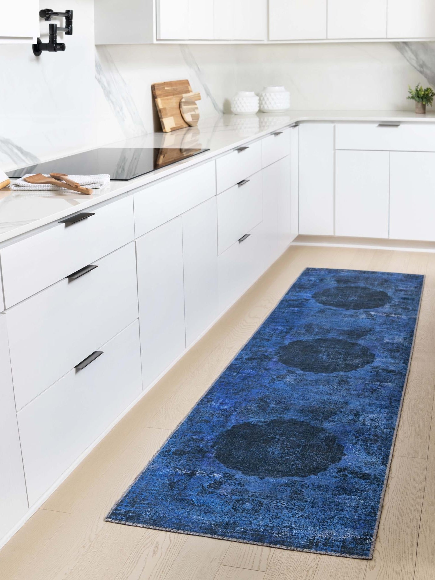 Washable Overdyed Blue 2' 7 x 10' Yara Runner Area Rug Easy to Clean Stain Resistant & Durable Polyester & Chenille Carpet for Sale at Rug Engine