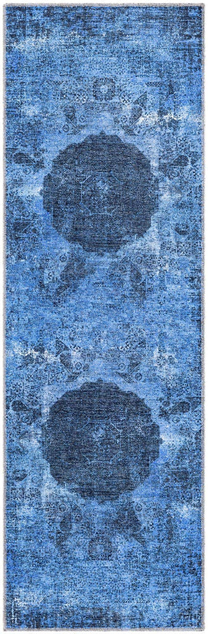 Washable Overdyed Blue 2' x 6' Yara Runner Area Rug Easy to Clean Stain Resistant & Durable Polyester & Chenille Carpet for Sale at Rug Engine
