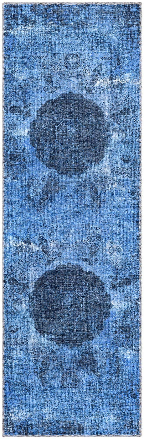 Washable Overdyed Blue 2' x 6' Yara Runner Area Rug Easy to Clean Stain Resistant & Durable Polyester & Chenille Carpet for Sale at Rug Engine