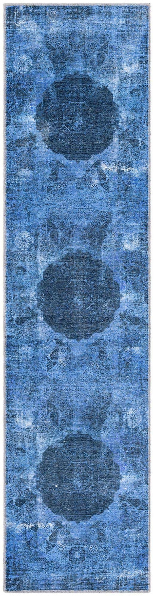 Washable Overdyed Blue 2' x 8' Yara Runner Area Rug Easy to Clean Stain Resistant & Durable Polyester & Chenille Carpet for Sale at Rug Engine