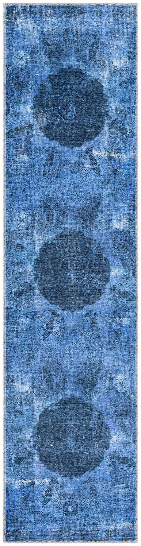 Washable Overdyed Blue 2' x 8' Yara Runner Area Rug Easy to Clean Stain Resistant & Durable Polyester & Chenille Carpet for Sale at Rug Engine
