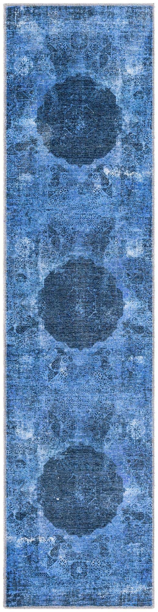 Washable Overdyed Blue 2' x 8' Yara Runner Area Rug Easy to Clean Stain Resistant & Durable Polyester & Chenille Carpet for Sale at Rug Engine