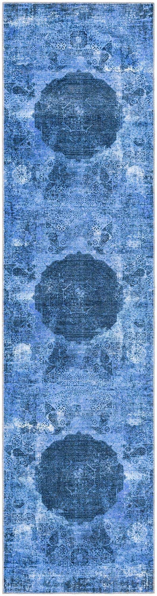 Washable Overdyed Blue 2' 7 x 10' Yara Runner Area Rug Easy to Clean Stain Resistant & Durable Polyester & Chenille Carpet for Sale at Rug Engine