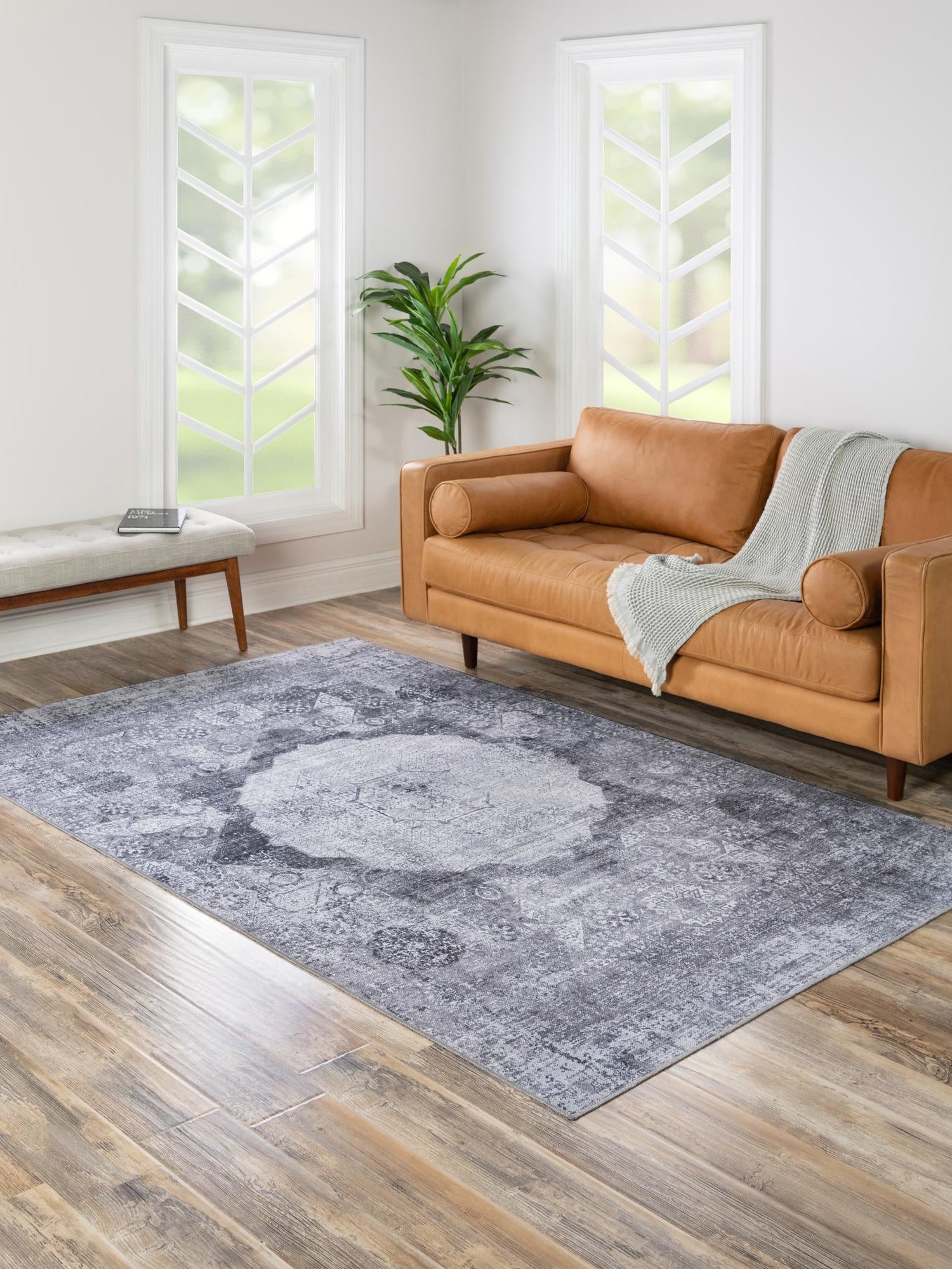 Washable Gray Ivory 6' x 9' Yara Rectangle Area Rug Easy to Clean Stain Resistant & Durable Polyester & Chenille Carpet for Sale at Rug Engine