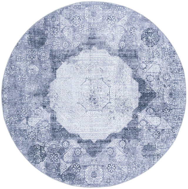 Washable Gray Ivory 7' 10 x 7' 10 Yara Round Area Rug Easy to Clean Stain Resistant & Durable Polyester & Chenille Carpet for Sale at Rug Engine