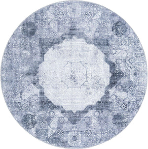 Washable Gray Ivory 6' x 6' Yara Round Area Rug Easy to Clean Stain Resistant & Durable Polyester & Chenille Carpet for Sale at Rug Engine
