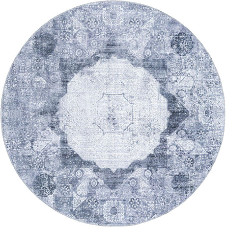 Washable Gray Ivory 6' x 6' Yara Round Area Rug Easy to Clean Stain Resistant & Durable Polyester & Chenille Carpet for Sale at Rug Engine