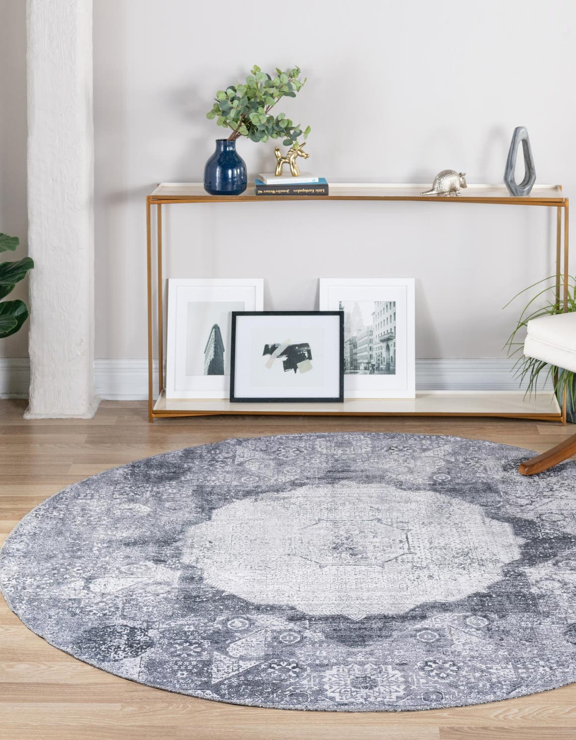 Washable Gray Ivory 4' x 4' Yara Round Area Rug Easy to Clean Stain Resistant & Durable Polyester & Chenille Carpet for Sale at Rug Engine