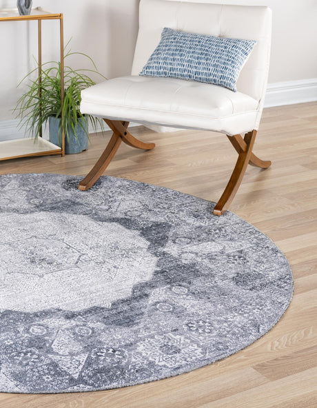 Washable Gray Ivory 4' x 4' Yara Round Area Rug Easy to Clean Stain Resistant & Durable Polyester & Chenille Carpet for Sale at Rug Engine