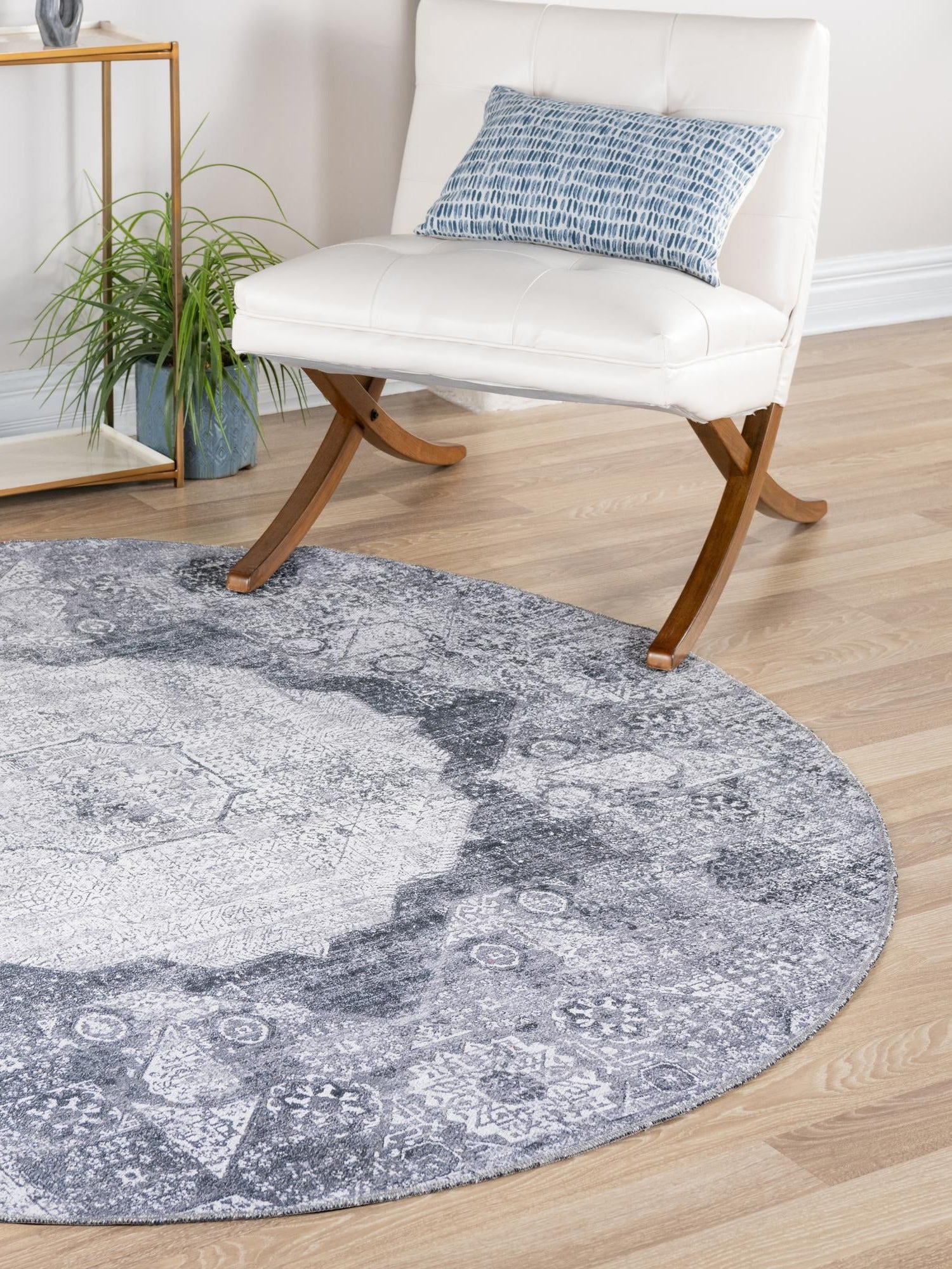 Washable Gray Ivory 6' x 6' Yara Round Area Rug Easy to Clean Stain Resistant & Durable Polyester & Chenille Carpet for Sale at Rug Engine
