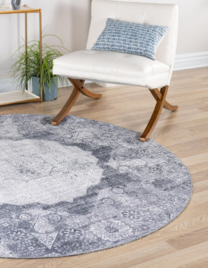 Washable Gray Ivory 6' x 6' Yara Round Area Rug Easy to Clean Stain Resistant & Durable Polyester & Chenille Carpet for Sale at Rug Engine
